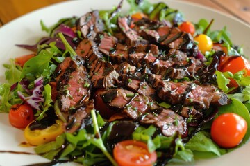 Healthy Grilled Beef Salad A vibrant salad with grilled beef strips, mixed greens, cherry tomatoes, and a balsamic glaze