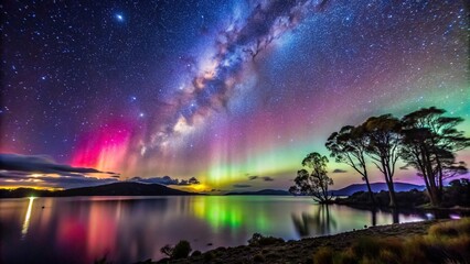 Aurora Australis in Tasmania's night sky with stars and constellations