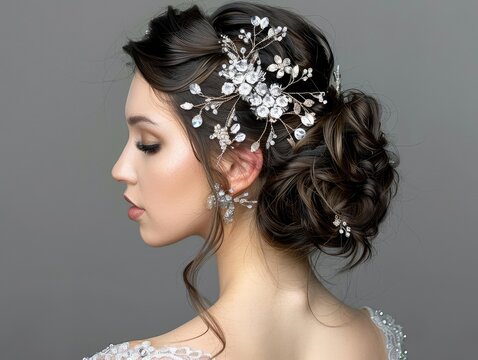Updo Elegance A sophisticated updo hairstyle with hair pins and accessories, highlighting the reflective hair texture