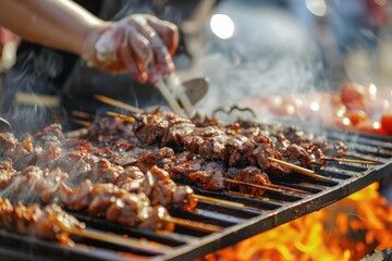 Street Food Style Grilled beef being served from a street food cart or food truck, showcasing a casual dining experience