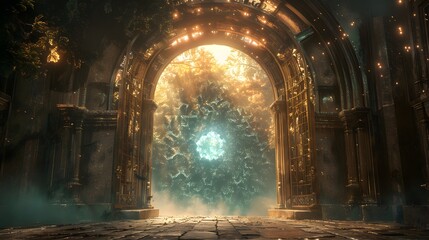 Ornate crystal gate with magical patterns, leading to another dimension