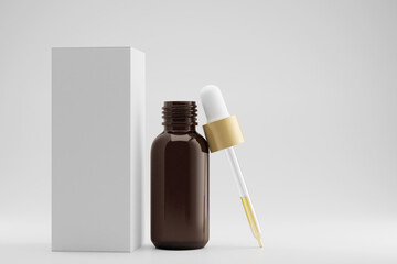 3d illustration of a dropper bottle on white background, studio lighting setup, mockup for product presentation.