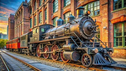 Vintage locomotive parked in an urban setting, vintage, locomotive, train, urban, transportation, industrial, antique, retro, carriage, engine, iron, wheels, historic, old-fashioned, metal