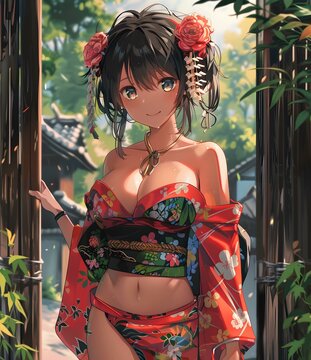 An anime-style illustration of a beautiful woman in a revealing kimono