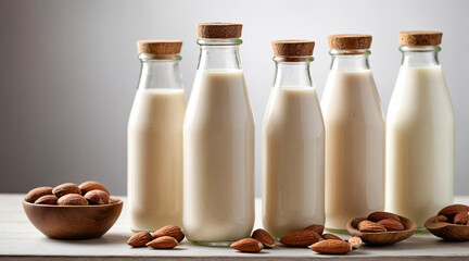 Glass bottles of various vegan plant based milk. Non dairy milk alternative drink, healthy organic vegan diet