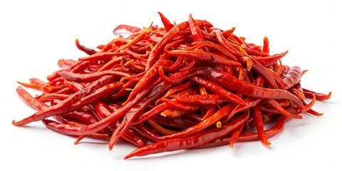 A heap of red pepper strips on a white background , red pepper, vegetable, fresh, healthy, organic, colorful, slices, cooking, ingredient, isolated, vibrant, nutrition, capsicum, raw, natural