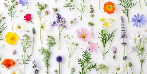 various wild flowers, top view, isolated on white background. A set of wildflowers. White clover,...