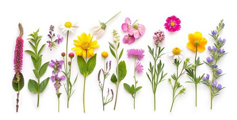 various wild flowers, top view, isolated on white background. A set of wildflowers. White clover, violet and yellow spring flower heads, meadow grasses and leaves in a natural composition