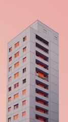 tall white building with orange windows against the pink sky, in a simple and minimalistic style