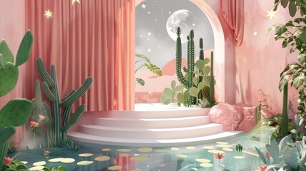 wallpaper with an illustration of a cactus in pastel pink tones