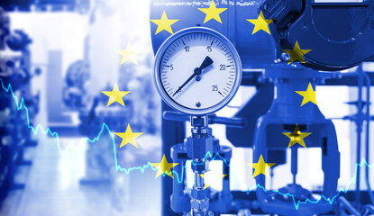 Gas equipment. European union flag. Reduction of gas reserves concept. Problems with fuel supplies...