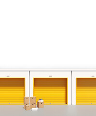 Self storage containers. Units for safekeeping of personal gatherings. Copy space on white. Storage containers with closed gates. Outdoor warehouse units. Boxes near garages for storage. 3d image