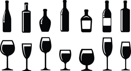 Wine bottle icon in flat, line set. Shape of traditional glass bottle of still wine isolated on transparent background. Vector for apps, website Glass Bottle Types Alcohol Beverage Bar Drink Concept.