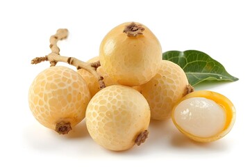 Cluster of ripe Longan fruit isolated on white background. One fruit has been cut open to reveal the white flesh