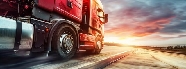 Banner of semi truck speeding, close up truck wheels, road freight transport and logistics.
