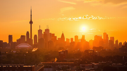 a city skyline with warm, golden hues of sunset in the background