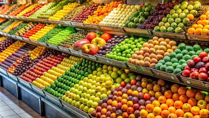 Assorted fruits neatly arranged in rows on a display stand at a grocery store