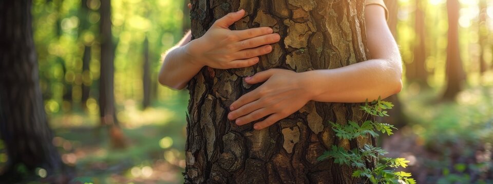 Banner of Woman hugging a big tree in a park. Womens hands hugging a big tree in a forest. Meditation. Tree hugging. Close-up of hands hugging tree. Human and nature contact