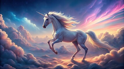 Magical unicorn walking gracefully on fluffy clouds