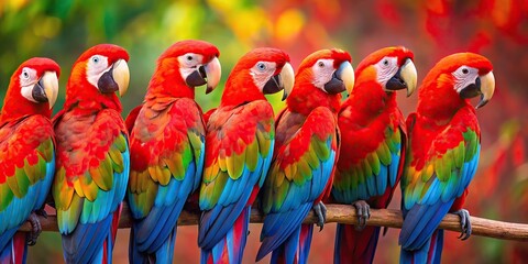 Vibrant red macaws perched against a fresh red background