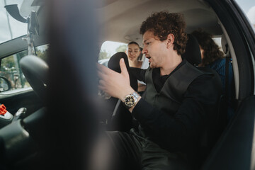 Group of businesspeople having a conversation inside a car. The image shows people discussing and...