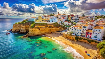 Scenic fishing village along the coast of Carvoeiro, Algarve, Portugal with colorful houses and a beautiful beach