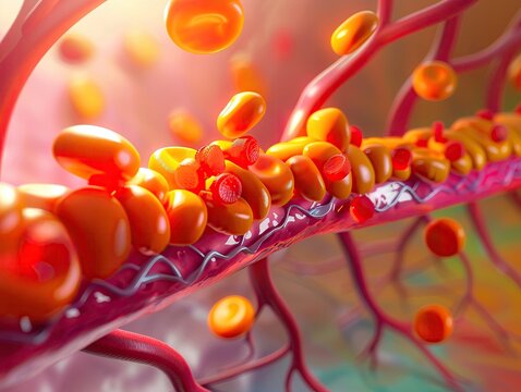 Hyperbolic image of oversized fat cells blocking an artery, exaggerated scale, side view