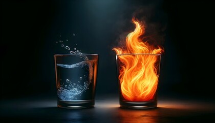 The image shows two glasses side by side, one filled with water and the other with fire, symbolizing the contrasting elements of water and fire.

