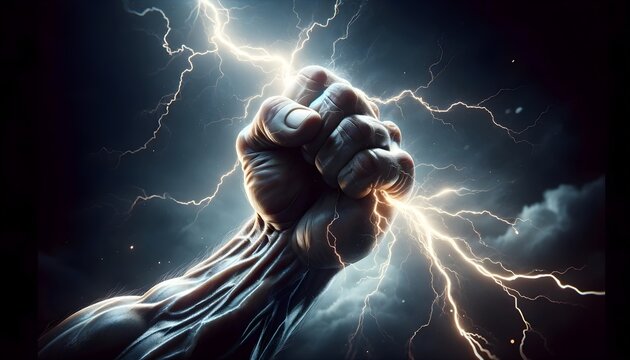 The image shows a powerful fist gripping a bolt of lightning, surrounded by dark, stormy clouds, symbolizing strength and control over natural forces.

