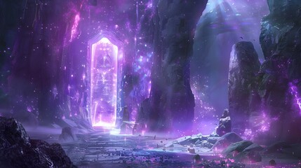 Ornate crystal gate with magical patterns, leading to another dimension