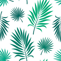Seamless pattern of tropical palm leaf. Green leaves on white background in flat style. Foliage texture for wrapping paper, print, fabric, web, wallpaper. Vector illustration