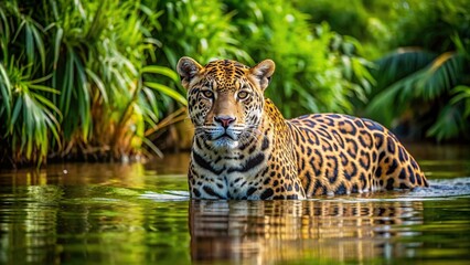 Jaguar in the water on the river with green jungle background
