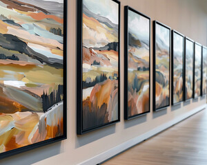 A wall in an art museum lined with a series of large, black-framed paintings of modern abstract landscapes in earth tones.