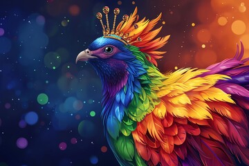 Design an enchanting garden party in the magical realm, with rainbow-colored decorations and whimsical creatures, seen from a high vantage point, exuding a celebratory atmosphere