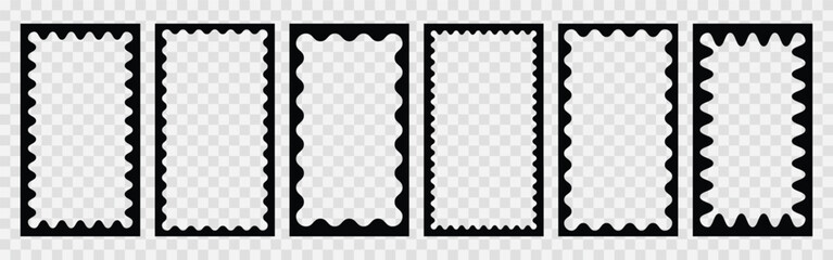 Scallop stories frames set. Zigzag wavy edges, retro squiggle frames, psychedelic rectangles, photo frames, text boxes, tags, labels. Vector groovy shapes set. Wave and curvy borders.