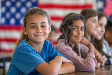 Fototapeta premium Students Participating in Mock Election at School with American Flag in Background..