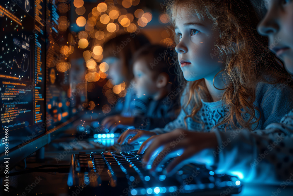 Poster children learning to code in a computer science class. concept of education and future skills. gener