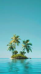 artistic tropical island with palm trees reflected in serene water, copyspace ample space for text, family travel, tourism, and tropical vacation.