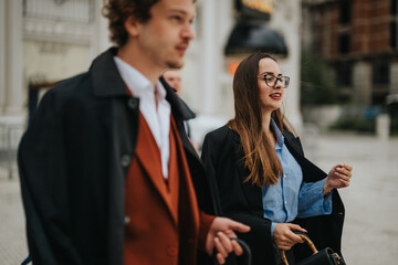 Confident business professionals walking outdoors while engaging in a discussion. They are dressed in professional attire and displaying positive body language in an urban setting.