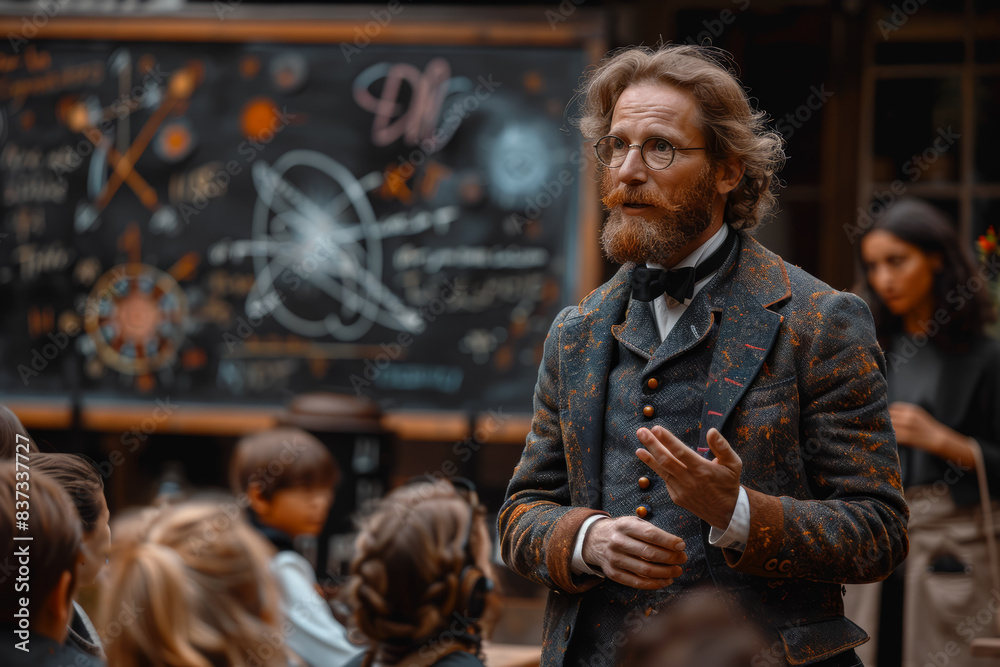 Poster a physicist presenting a lecture on quantum mechanics. concept of advanced science and education. ge