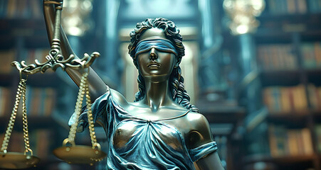 Scales of justice and the statue of lady Justice in front of an office or court room, symbolizing law protection and legal, Savior with blindfolded eyes holding scales against dark blurred background