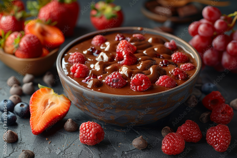 Poster a decadent chocolate fondue with assorted fruits for dipping. concept of interactive desserts and sh