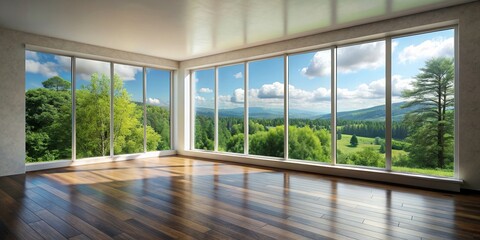 Empty room with a large window overlooking nature