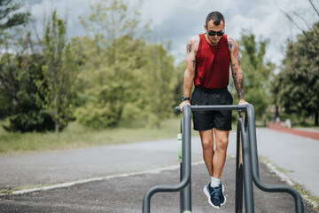 A muscular man with tattoos intensively works out on parallel workout bars in a vibrant, green...