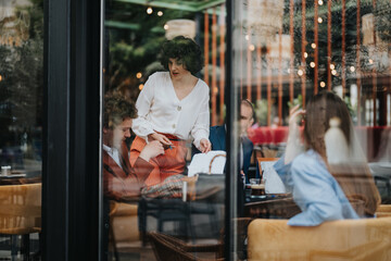 Four professionals engaged in a discussion during a business meeting in a modern cafe. Ideal for...