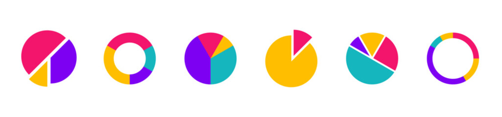 Fototapeta premium Pie chart infographic set. Circle diagram collection with sections or parts. Segmented circle icons for infographic, data analysis, web design, ui or presentation. Vector illustration.