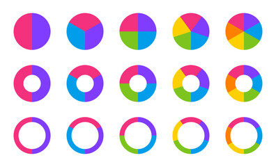Pie chart infographic set. Circle diagram collection with sections or parts. Segmented circle icons for infographic, data analysis, web design, ui or presentation. Vector illustration.