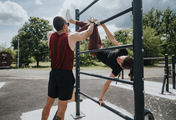 Two adults engage in strength training exercises at an outdoor fitness park, demonstrating balance,...