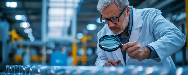 Quality inspector with magnifying glass in factory