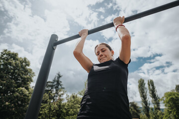 Focused young woman performs pull-ups at an outdoor gym under a clear blue sky, showcasing strength...